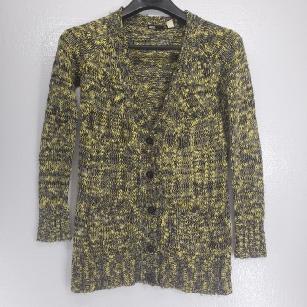 BDG Womens Medium Button Up Cardigan Sweater Black Yellow Pockets